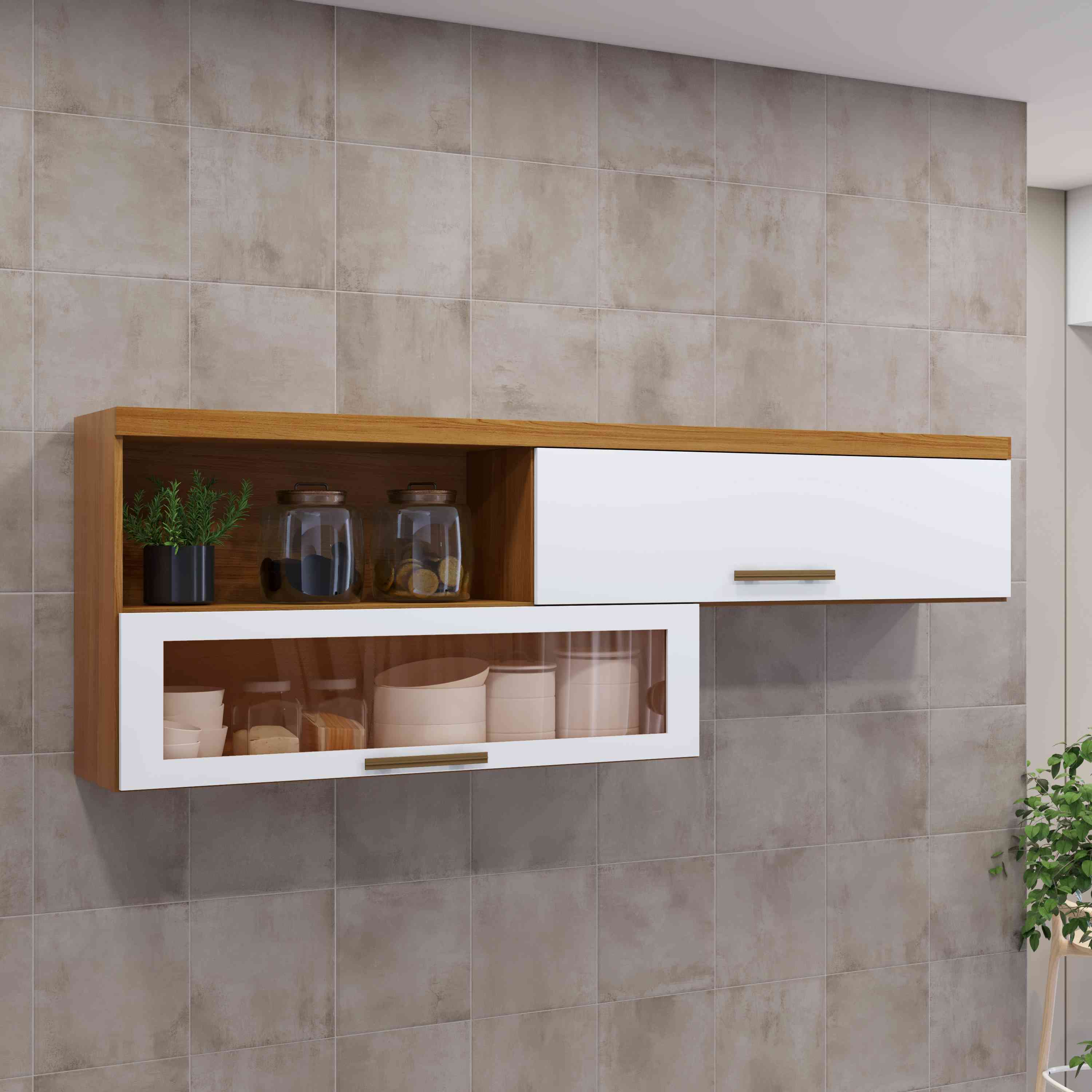 Armario Aereo Safira 2PB1N Freijo.Branco Arte Moveis