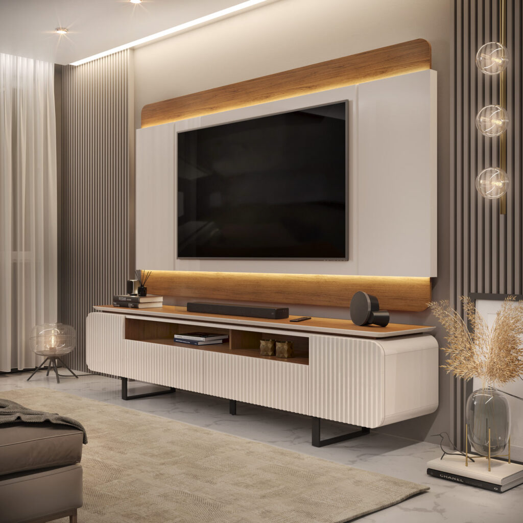 Bancada e Painel Firenze 3D Off White.Freijo DJ Moveis