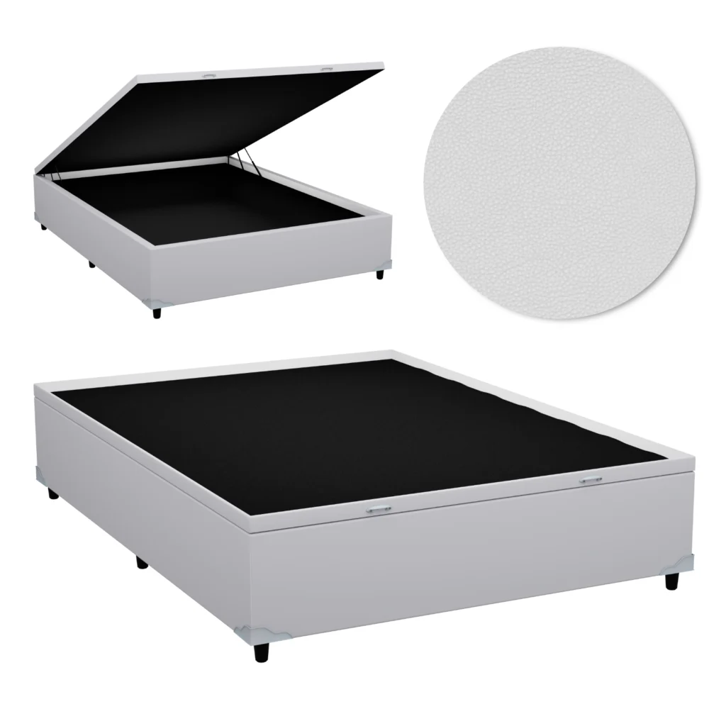 Base Baú Casal Inteiriço Premium com Bordas 140x190x46 Corino Branco