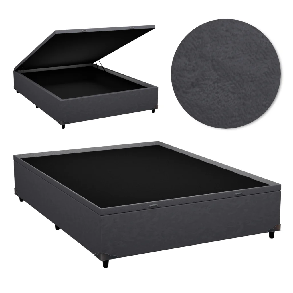 Base Baú Casal Inteiriço Premium com Bordas 140x190x46 Suede Cinza
