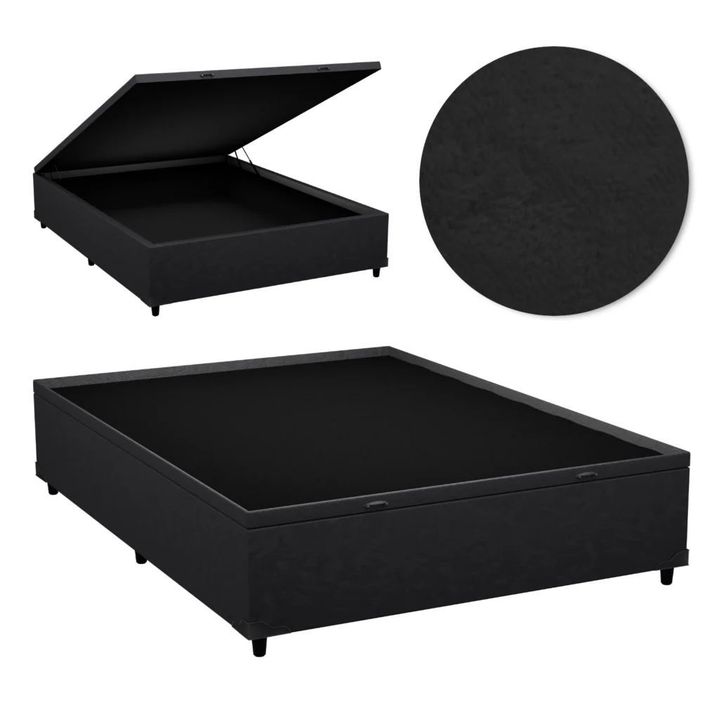 Base Baú Casal Inteiriço Premium com Bordas 140x190x46 Suede Preto