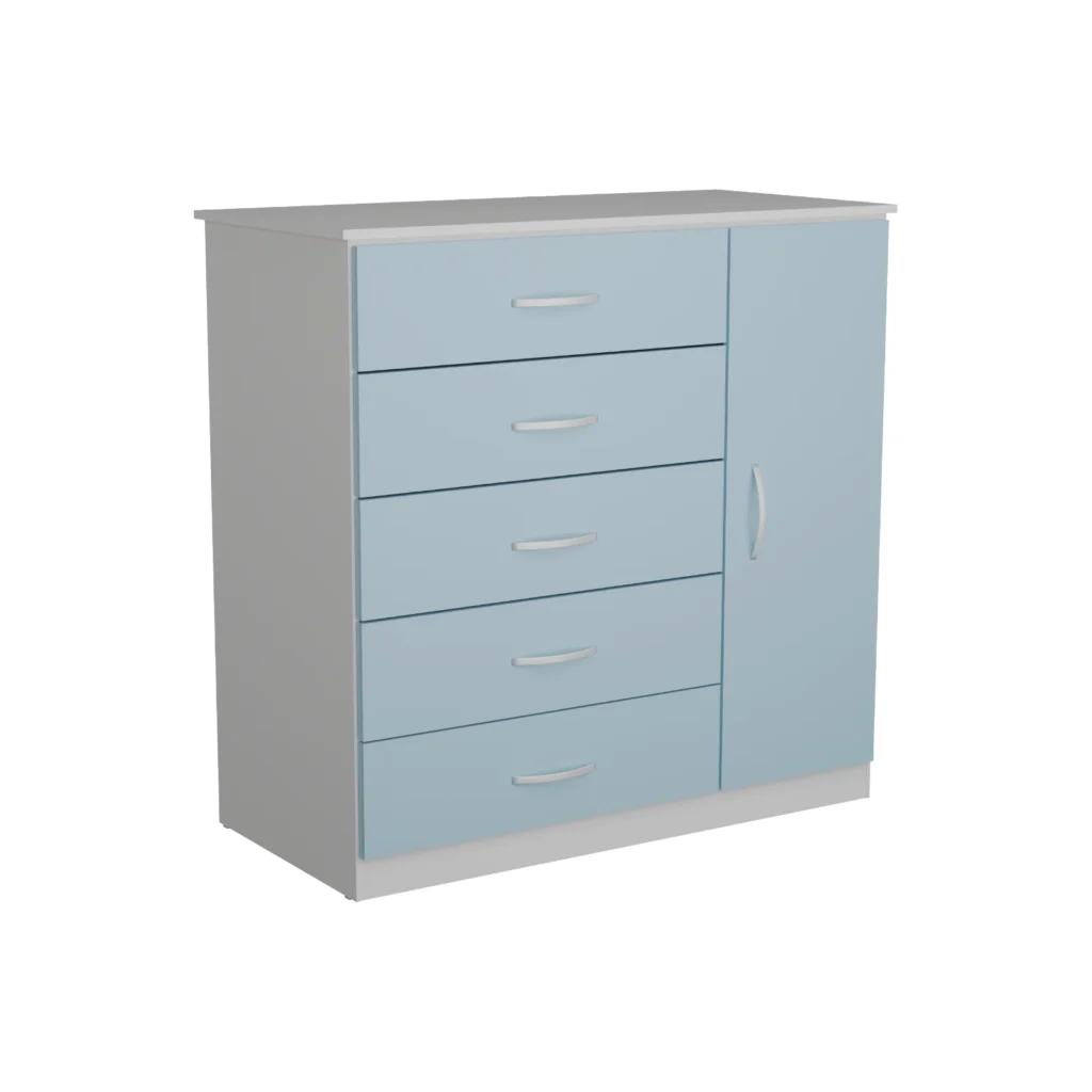 Cômoda Itaboraí-Itaipu 5 Gavetas 1 Porta Branco com Azul AS Móveis