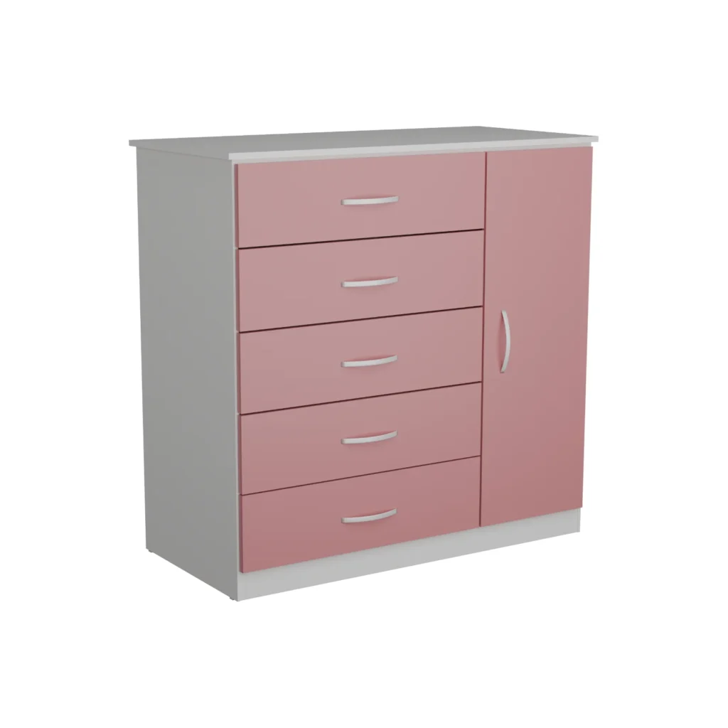 Cômoda Itaboraí-Itaipu 5 Gavetas 1 Porta Branco com Rosa AS Móveis