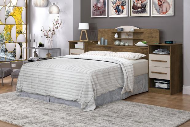 Cabeceira Box Casal Imperial 140 com Mesas Laterais Nature.Off White J A Mov