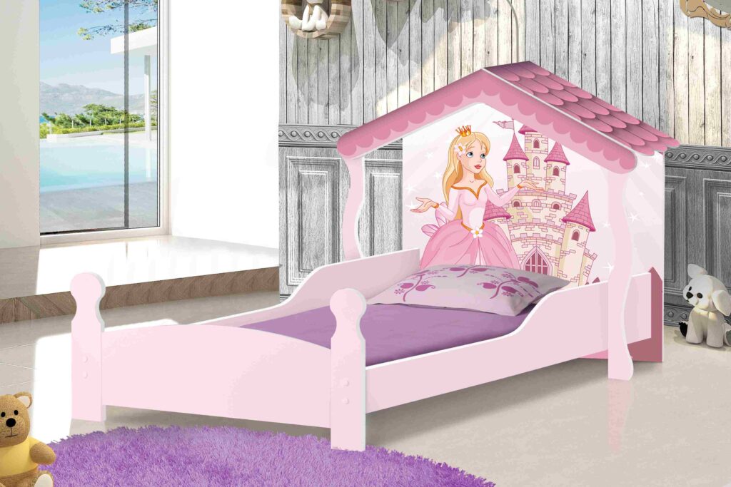 Cama Solteiro Casa Princesa Branco.Rosa J A Moveis