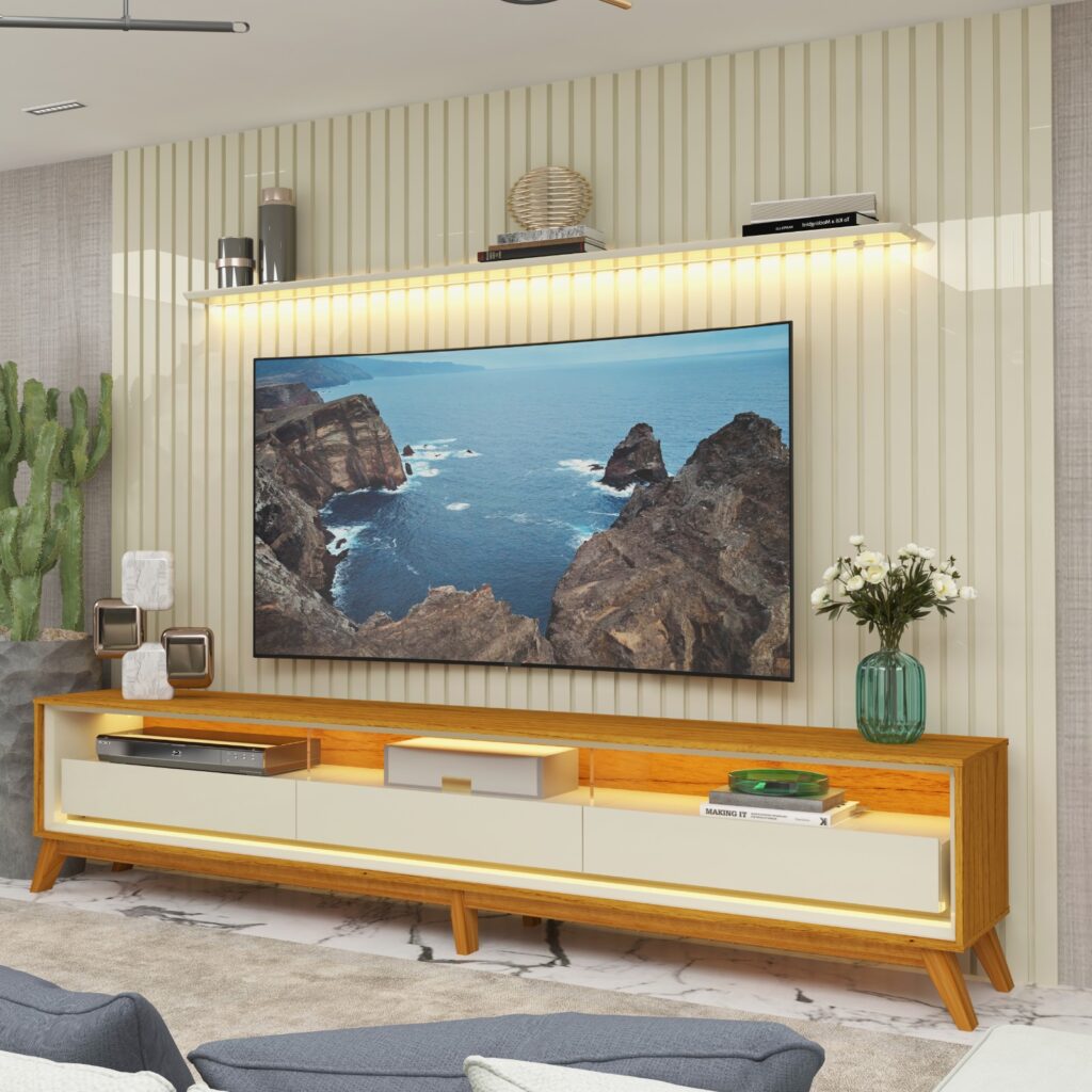 Conjunto Painel Nobre 275 Off White e Rack Requinte 260 Pes Madeira Naturale.Off White Gelius