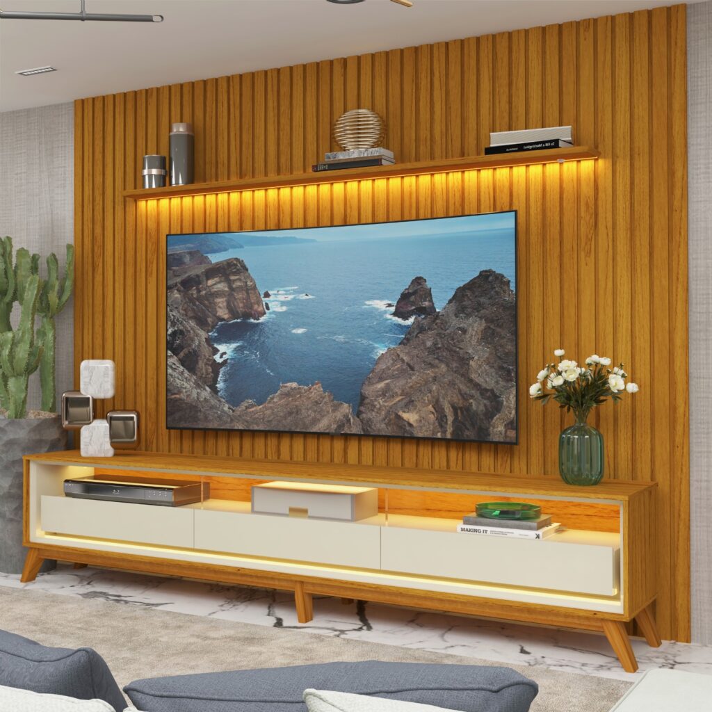 Conjunto Painel Nobre 275 Naturale e Rack Requinte 260 Pes Madeira Naturale.Off White Gelius