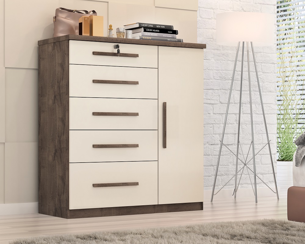 Comoda Sapateira Livia 5G1P Chocolat.OffWhite Quarta Divisao
