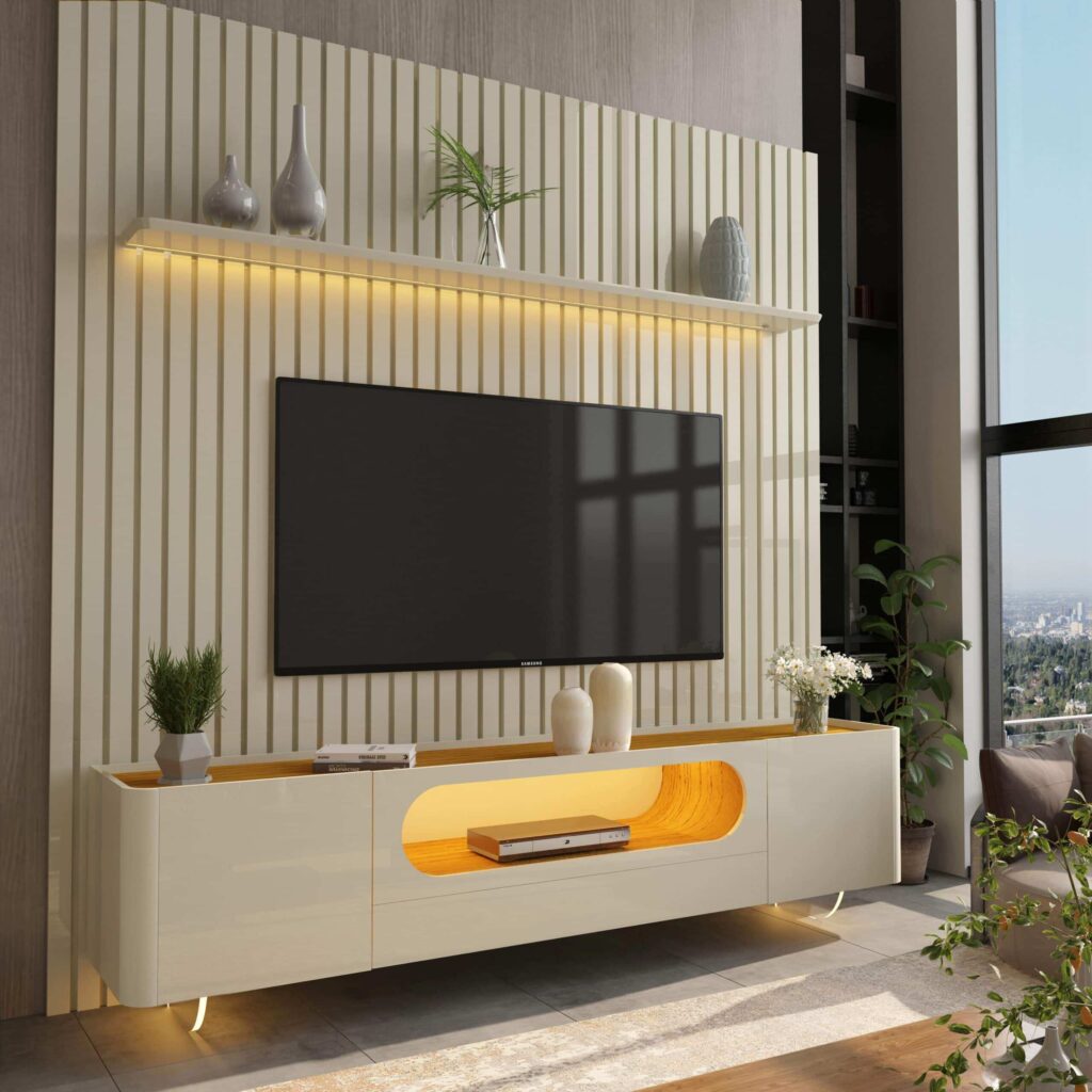 Conjunto Painel Nobre 230 Off White com Rack Nobre 210 Off White.Naturale LED e Pes Vidro Gelius