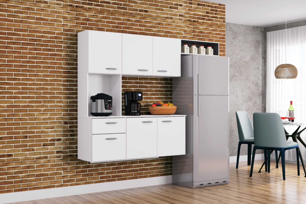 Cozinha Suspensa com Balcao Isis 180 Branco.Dt Preto Poquema