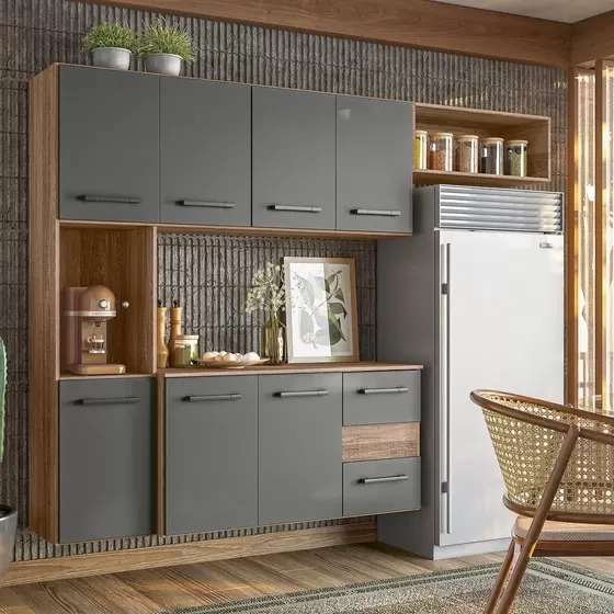 Cozinha Suspensa Juliete 7P2G Carvalho Nature.Chumbo Nicioli