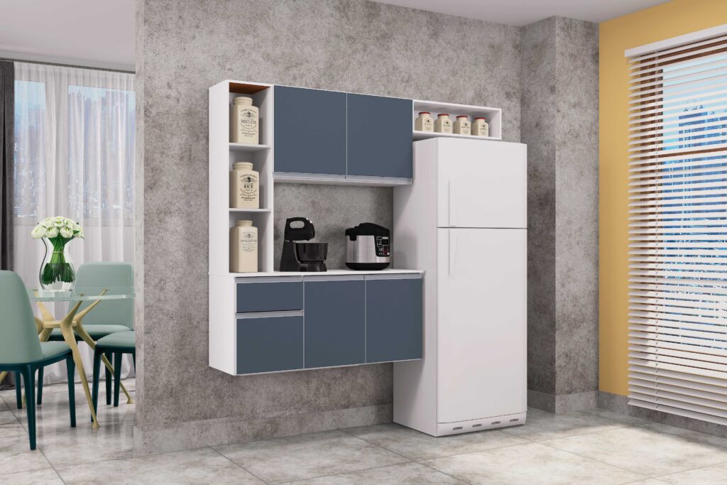 Cozinha Suspensa com Balcao Mel 163 Branco.Cinza Poquema