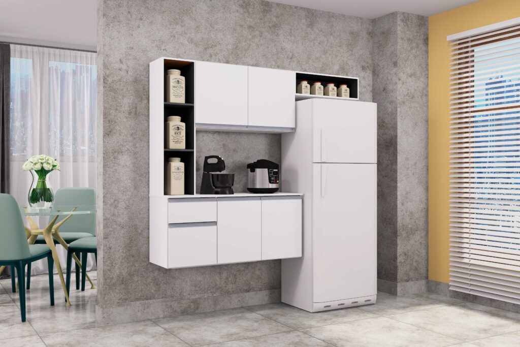 Cozinha Suspensa com Balcao Mel 163 Branco.Dt Preto Poquema