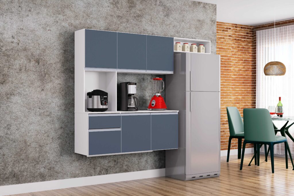 Cozinha Suspensa com Balcao Mel 180 Branco.Cinza Poquema