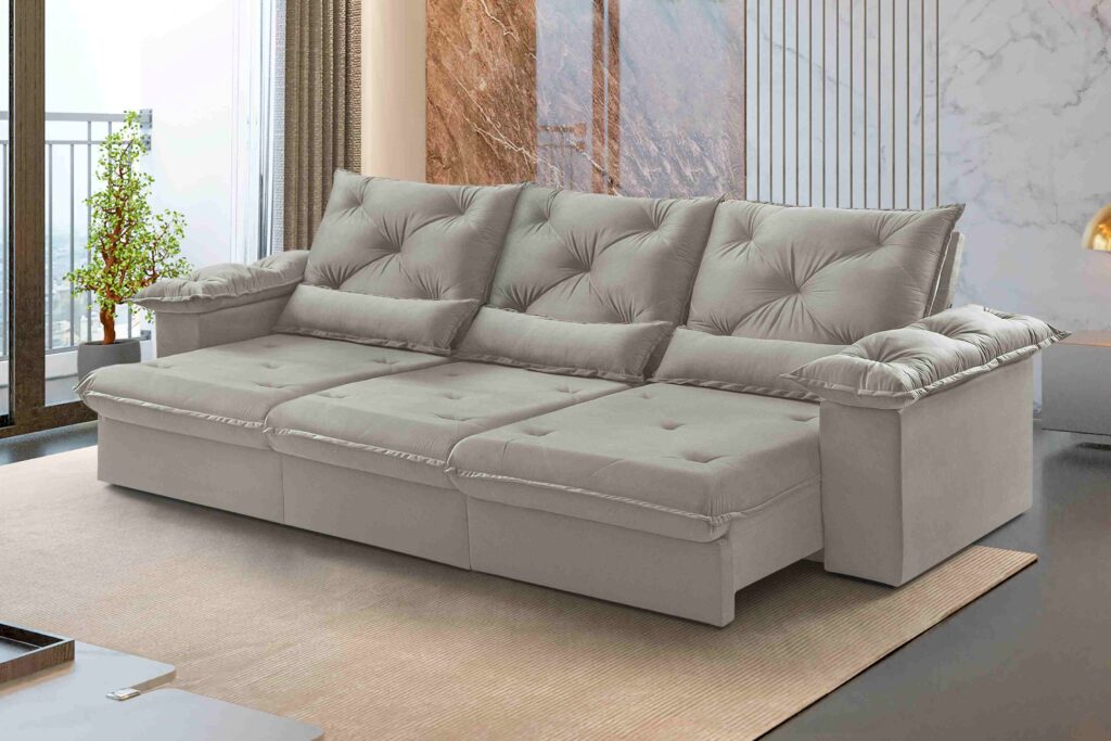 Estofado Retratil Reclinavel Atlas 320 3×90 Veludo Bege Claro 02 Idealle