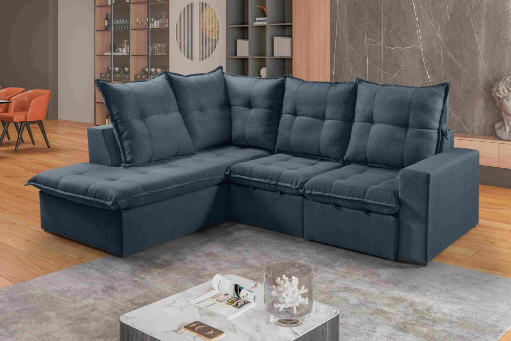 Estofado Retratil Reclinavel Canto Colatina 250 2×70 com Chaise 100 Linho Azul Idealle