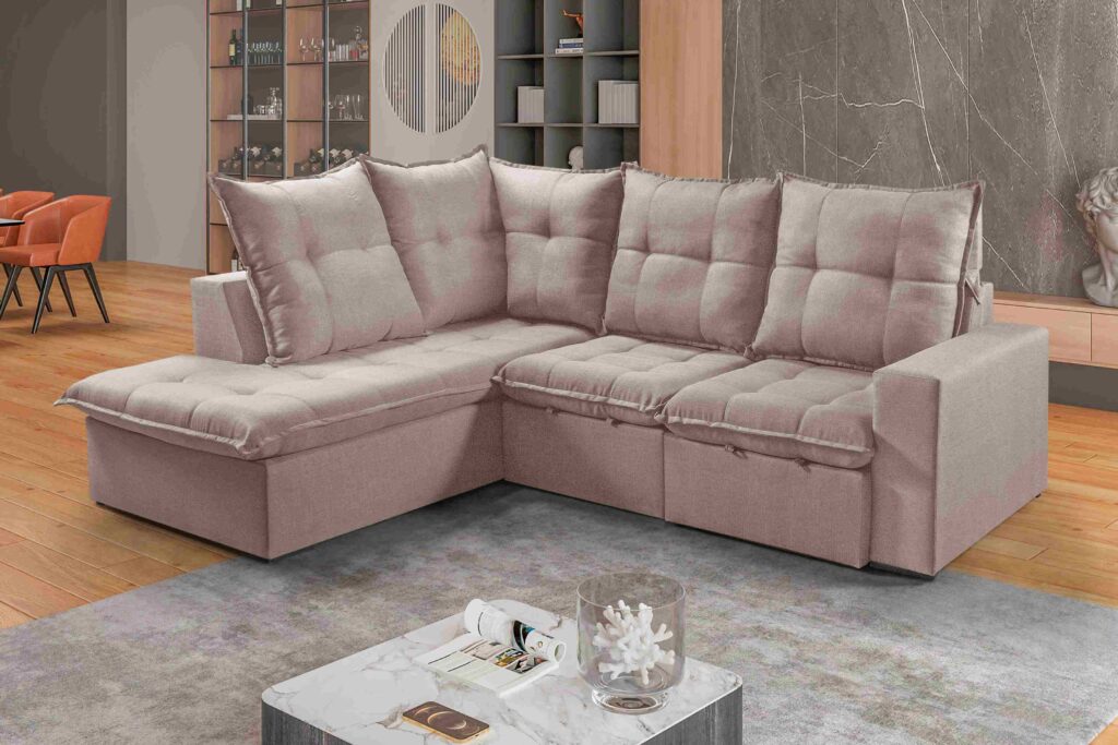 Estofado Retratil Reclinavel Canto Colatina 250 2×70 com Chaise 100 Linho Bege Idealle