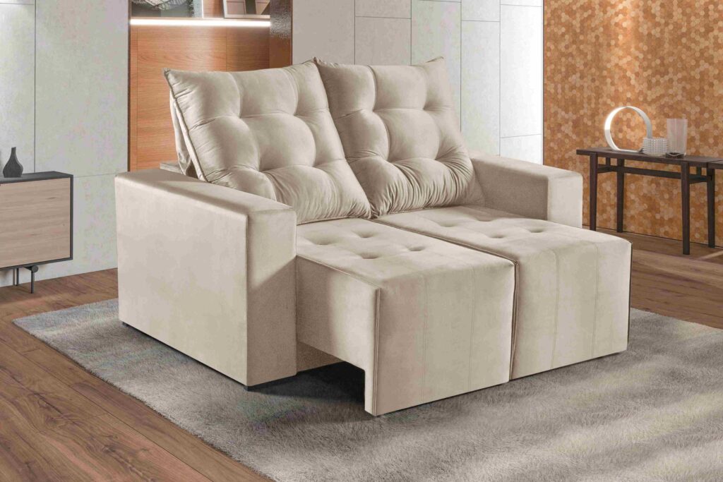 Estofado Retratil Reclinavel Itaguai 160 2×60 Veludo Inca Bege Claro 02 Idealle