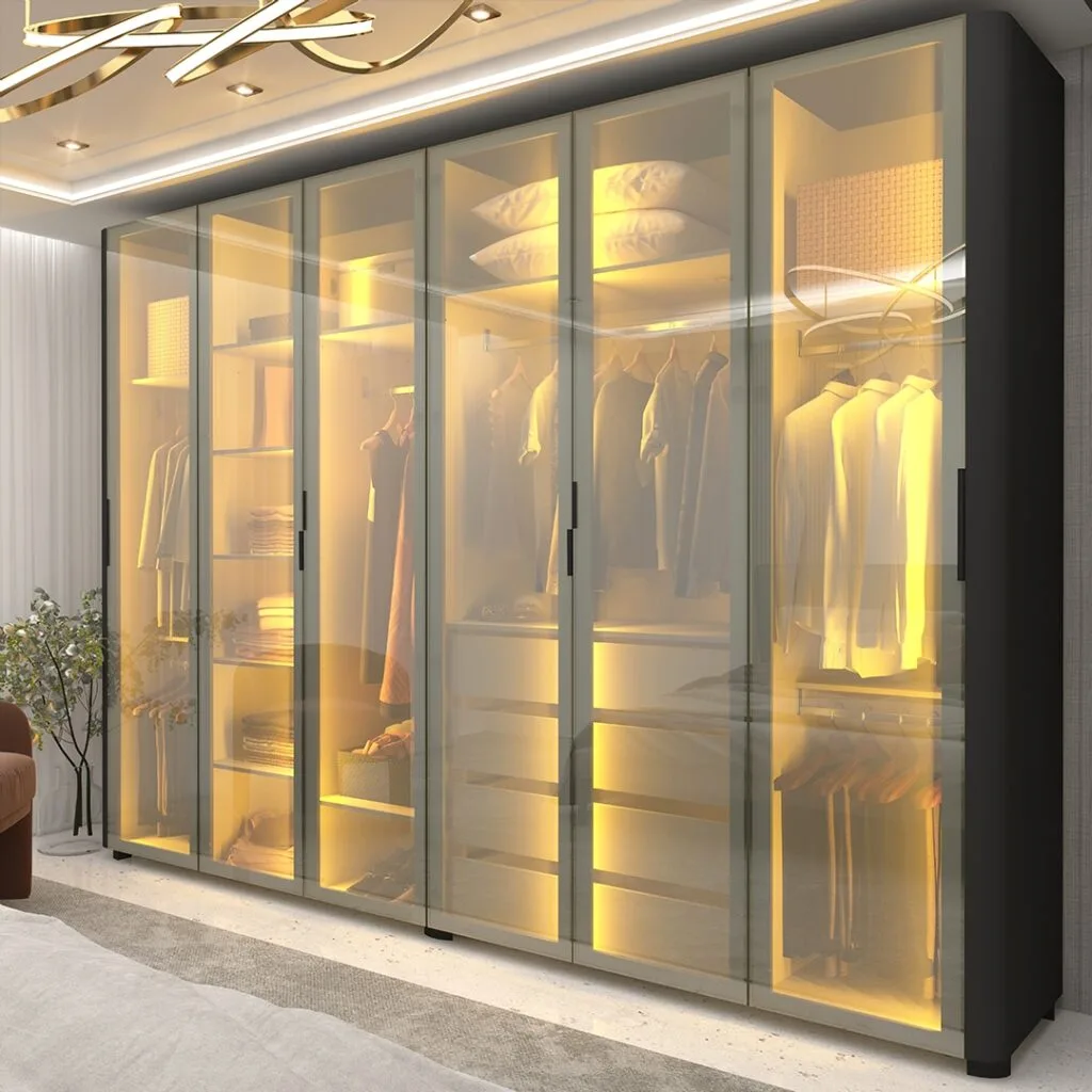 Roupeiro Innova 6 Portas de Vidro Reflecta com LED e Pes Preto Acetinado Gelius