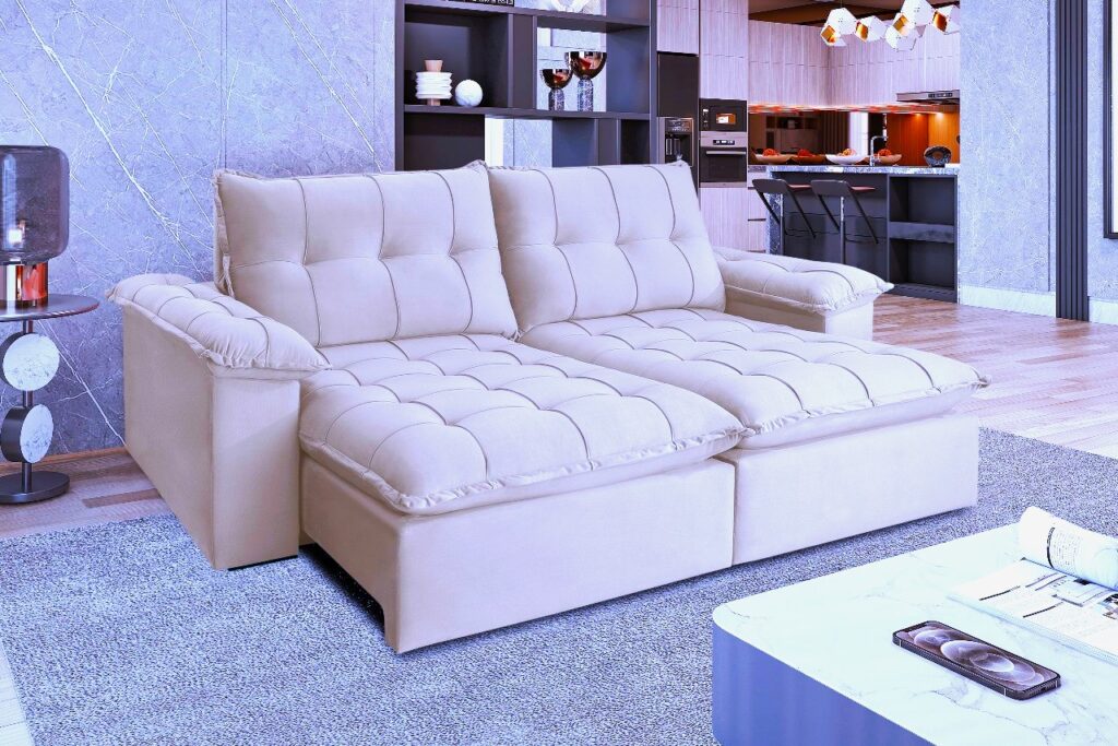 Estofado Retratil Reclinavel Iriri 290 2×120 Veludo Bege Claro 02 Idealle