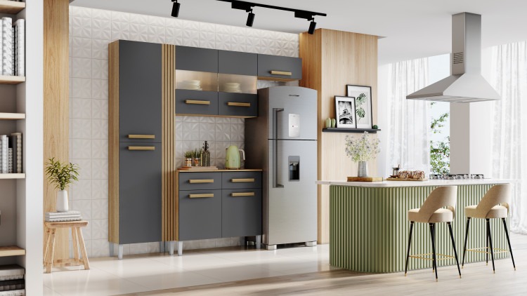 Cozinha Lilian com Balcao 7P2G Atacama.Grafite Aramoveis