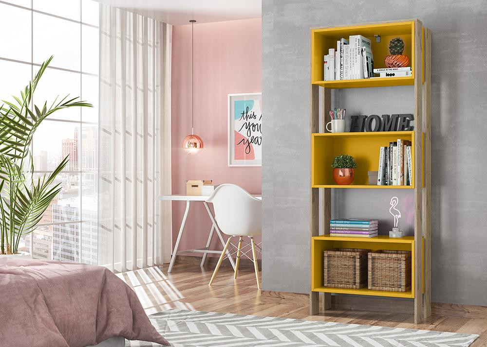 Livreiro com Nicho Carvalho Toq Rustic Amarelo Qmovi