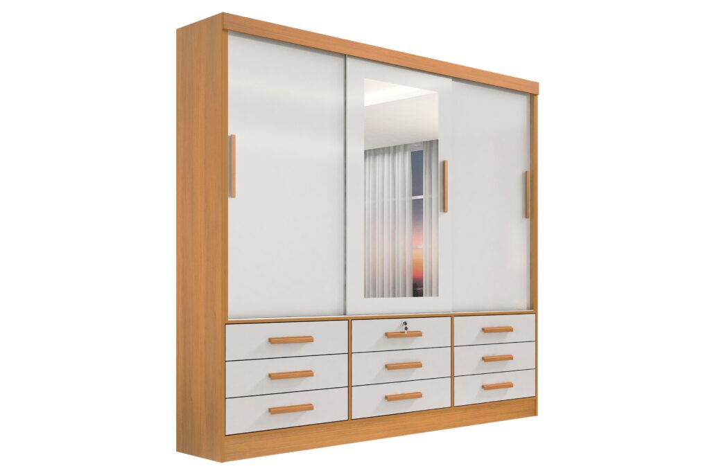 Roupeiro Meridian Plus 3P9G com Espelho Cinamomo.Off White D Doro