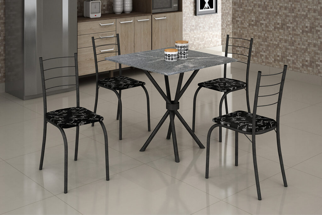4720.27.7.110 Conjunto Mesa Rio 70×70 MarteladoTmp Granito Topazio Quadrado com 4 Cds Martelado.Lirio Preto Teixeira