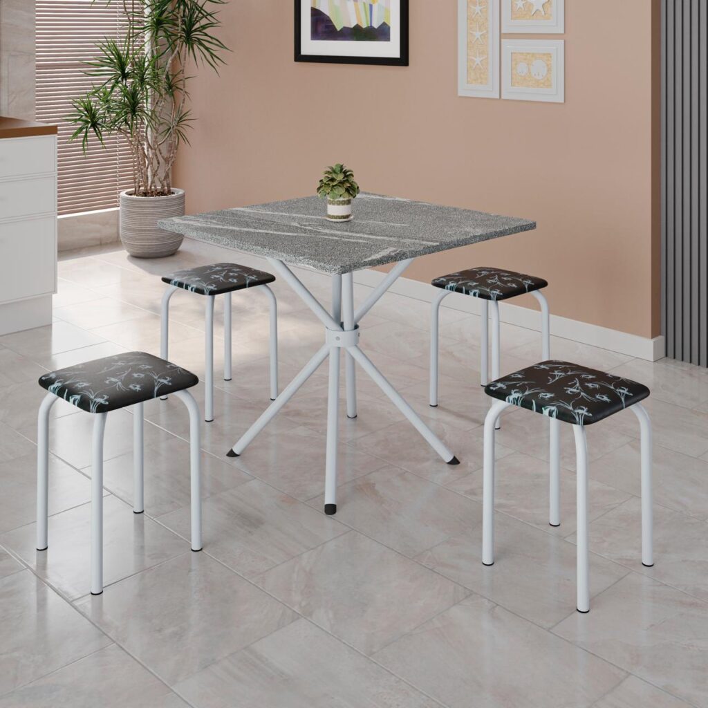 9689.27.1.110 Conjunto de Mesa Bali Branco Tmp Granito Topazio 70×70 com 4 Tamboretes Branco.Lirio Preto Teixeira