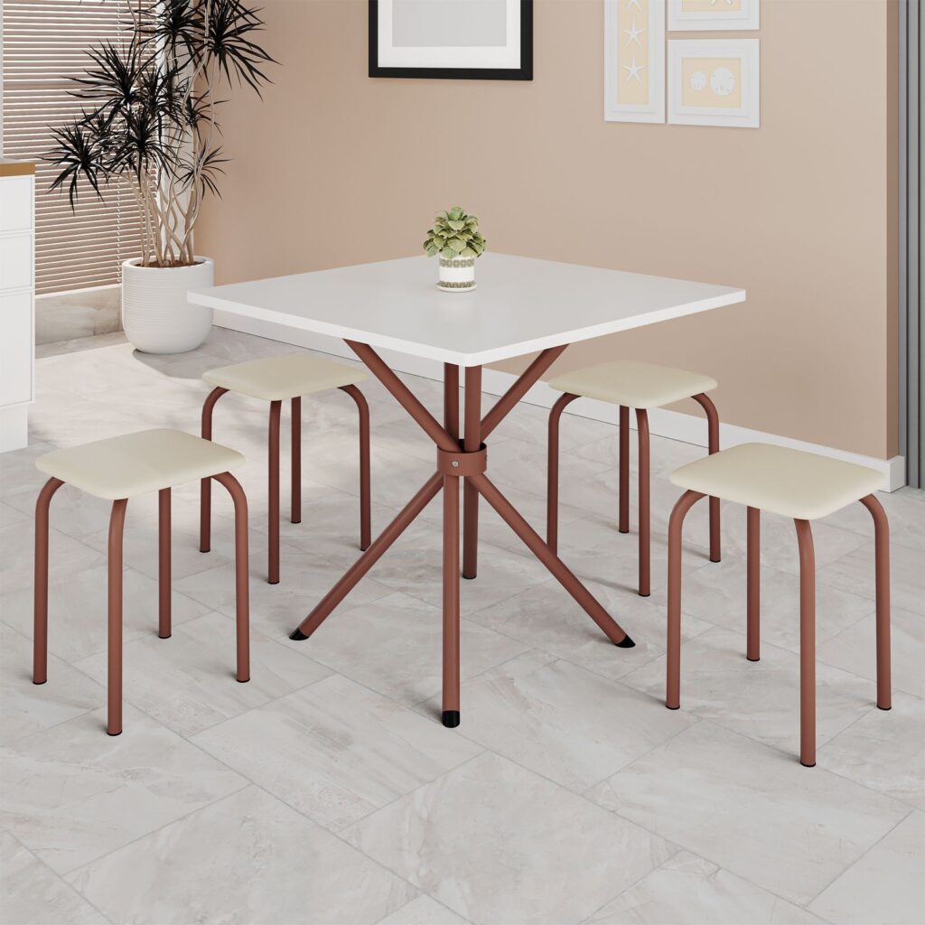 9689.163.12.142 Conjunto de Mesa Bali Marrom Tmp Ardosia Off White 70×70 com 4 Tamboretes Marrom.Creme Teixeira