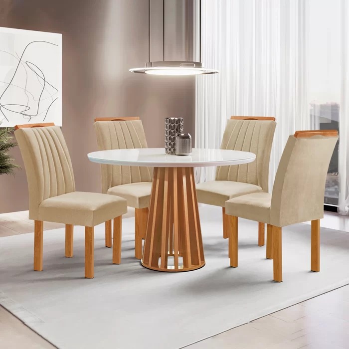 Conjunto Mesa Berlim 100 Tmp Redondo Plus MDF.Vdr Cinamomo.Off White com 4Cd Marselha Cinamo.Vel Bege Tec 168 CEL Moveis