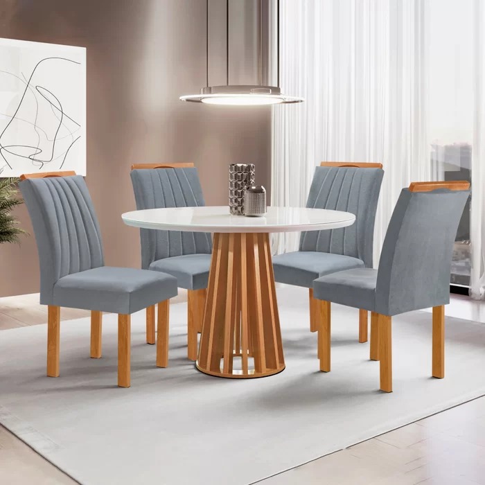 Conjunto Mesa Berlim 100 Tmp Redondo Plus MDF.Vdr Cinam.Off White com 4Cd Marselha Cinamo.Vel Grafite Tec 171 CEL Moveis