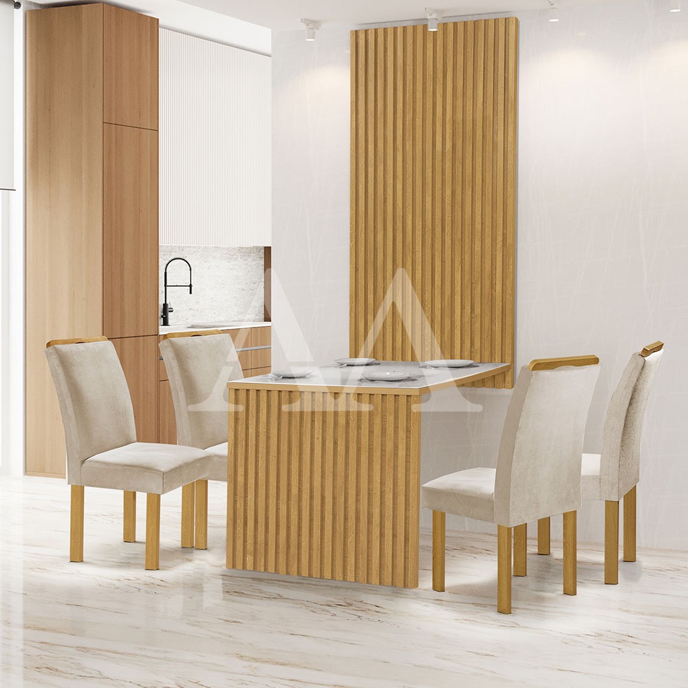 Conjunto Mesa Cancun 120×90 Tmp Cancun MDF.Vdr Cinamomo.Off White com 4Cds Marselha Cinamo Tec 168 Vel Bege CEL Moveis