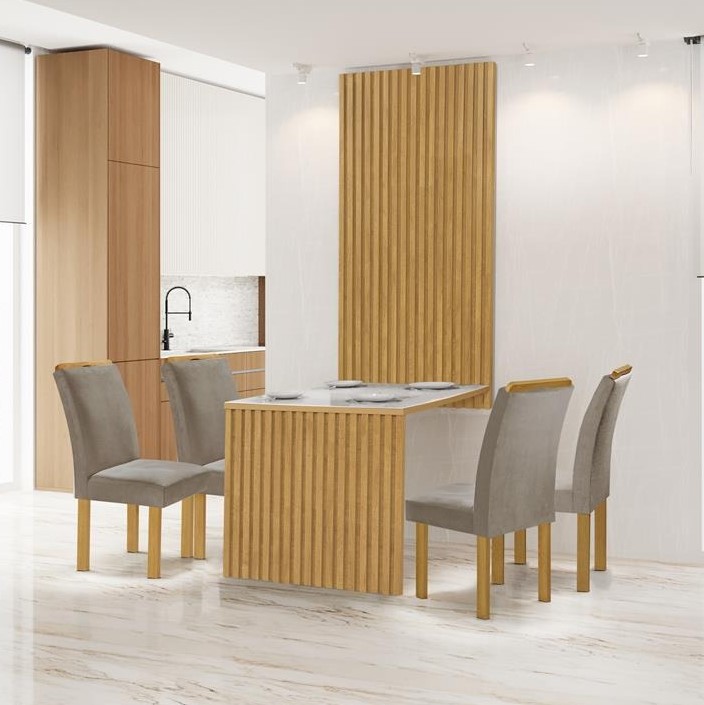 Conjunto Mesa Cancun 120×90 Tmp Cancun MDF.Vdr Cinamomo.Off White com 4Cd Marselha Cinamo Tec 171 Vel Grafite CEL Moveis