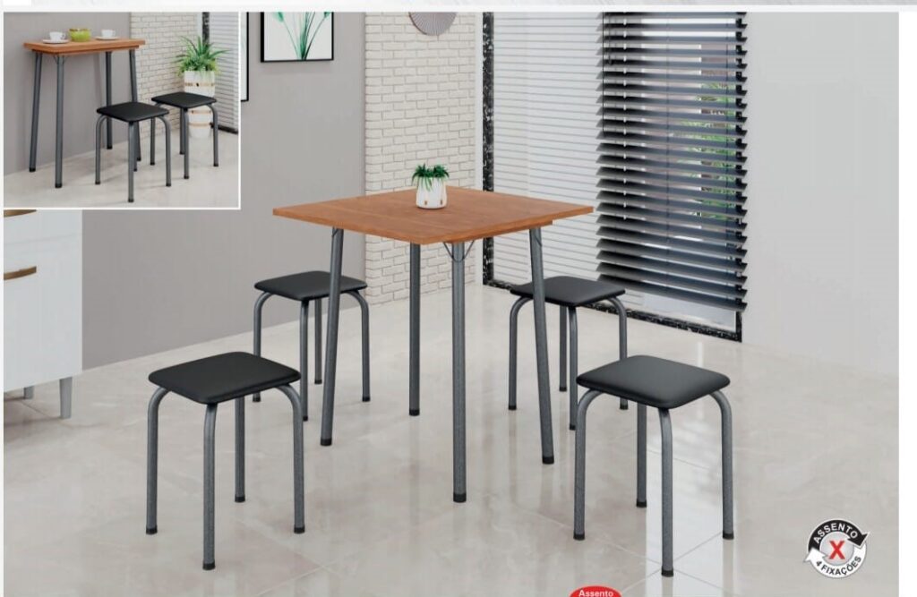 Conj Mesa Dobravel Luana Cinamomo.Martelado Prata 4 Banquetas Assentos Preto Soma