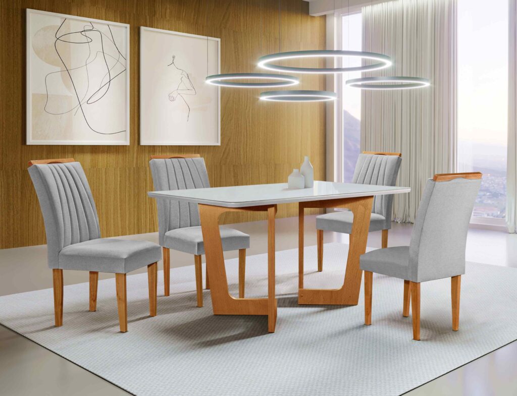 Conjunto Mesa Dubai 120×90 Tmp Smart MDF.Vdr Cinamomo.Off Whit com 4 Cds Marselha Tec 171 Veludo Grafite CEL Moveis