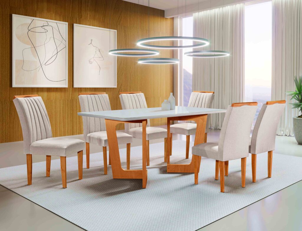 Conjunto Mesa Dubai 170×90 Tmp Smart MDF.Vdr Cinamomo.Off Whit com 6 Cds Marselha Tec 168 Veludo Bege CEL Moveis