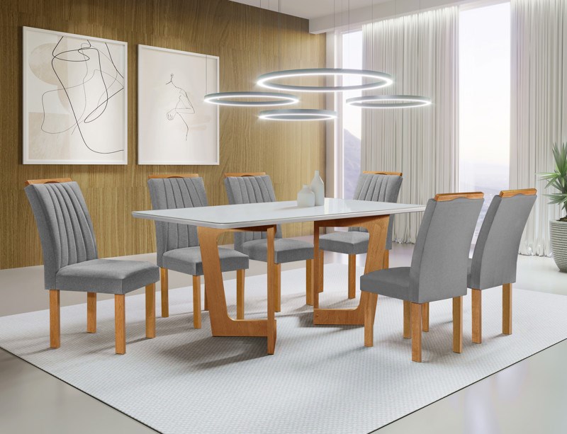 Conjunto Mesa Dubai 170×90 Tmp Smart MDF.Vdr Cinamomo.Off Whit com 6 Cds Marselha Tec 171 Veludo Grafite CEL Moveis