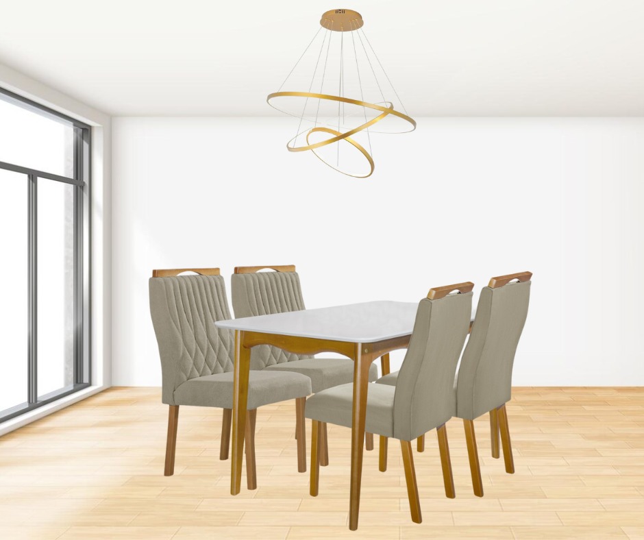 Mesa Escocia 120×80 Mel.Off White com 4 Cadeiras Genova Mel.Veludo Bege Tec 506 Art Assentos