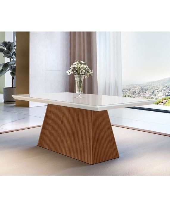 Mesa Luna 120 Tampo MDF.Vidro Canto Copo Off White.Imbuia Ripado 3D Serg Off White Rufato