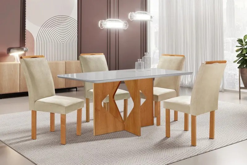 Conjunto Mesa Milao 120×80 Tmp Londres MDF.Vdr Cinamomo.Off White com 4Cds Marselha Veludo Bege Tec 168 CEL Moveis