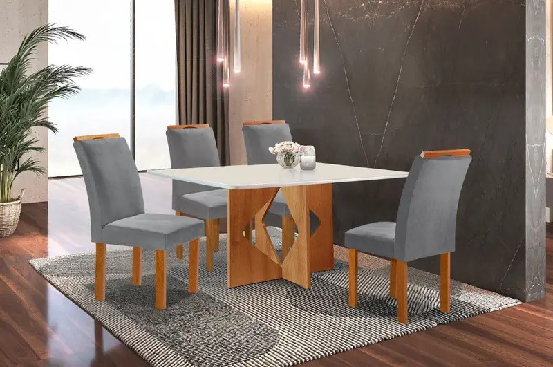 Conjunto Mesa Milao 120×80 Tmp Londres MDF.Vdr Cinamomo.Off White com 4Cds Marselha Veludo Grafite Tec 171 CEL Moveis