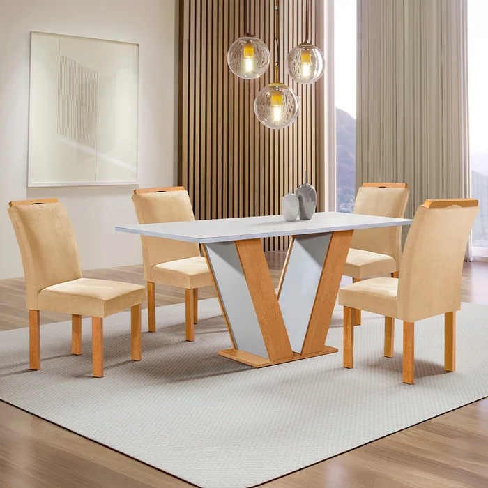 Conjunto Mesa Qatar 120×80 Tmp Londres MDF.Vdr Cinamomo.Off White 4 Cds Londres Veludo Bege Tec 168 CEL Moveis