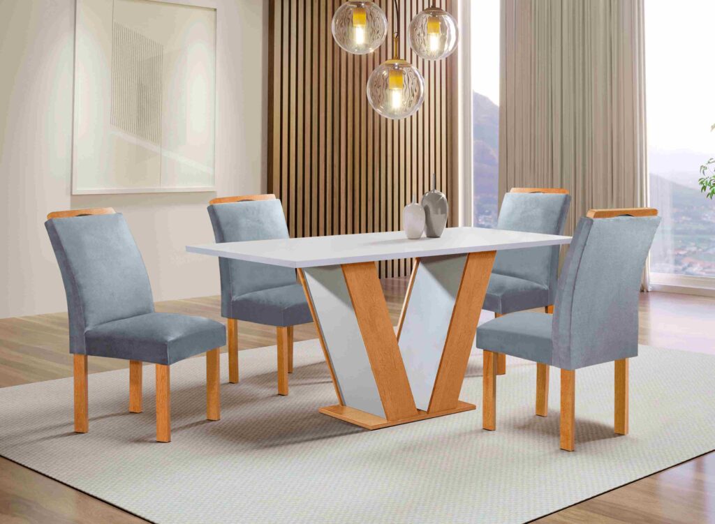 Conjunto Mesa Qatar 120×80 Tmp Londres MDF.Vdr Cinamomo.Off White 4 Cds Londres Veludo Grafite Tec 171 CEL Moveis