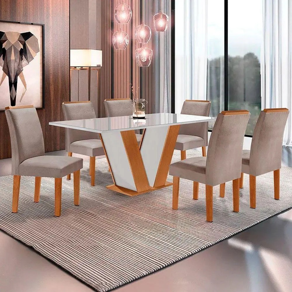 Conjunto Mesa Qatar 160×80 Tmp Londres MDF.Vdr Cinamomo.Off White 6 Cds Londres Veludo Bege Tec 168 CEL Moveis