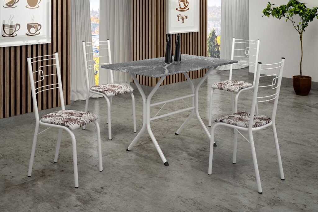 7311.171.1.62 Conjunto Mesa Paraty 120×75 Branco Tmp Indiana Preto com 4 Cds Branco.Primavera Preto Teixeira