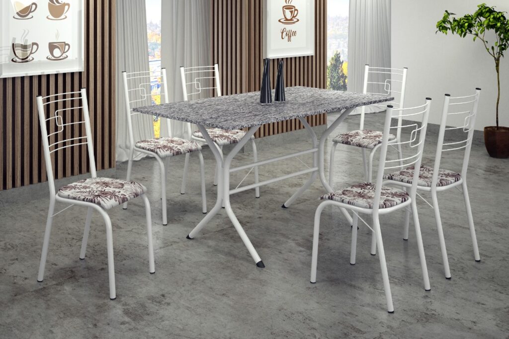 7312.171.1.62 Conjunto Mesa Paraty 140×75 Branco Tmp Indiana Preto com 6 Cds Branco.Primavera Preto Teixeira