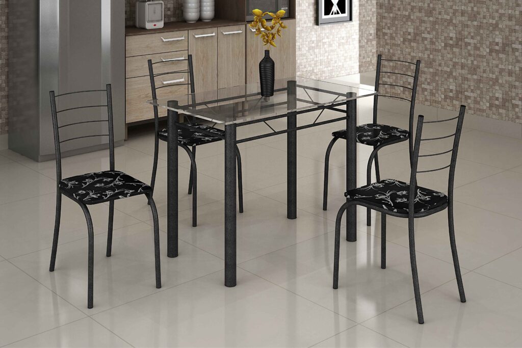 5734.27.7.7 Conjunto Mesa Rio 100×60 Martelado Tmp Vidro com 4 Cds Martelado.Lirio PretoTeixeira