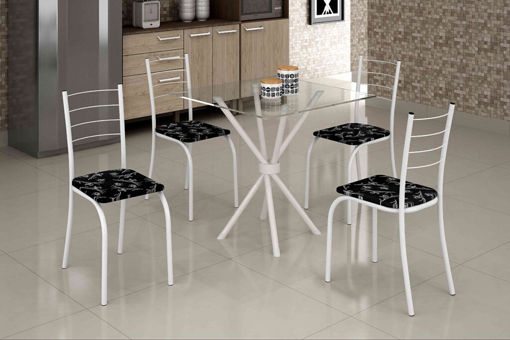 5744.27.1.7 Conjunto Mesa Rio 70×70 Branco Tmp Vidro Quadrado com 4 Cds Branco.Lirio Preto Teixeira