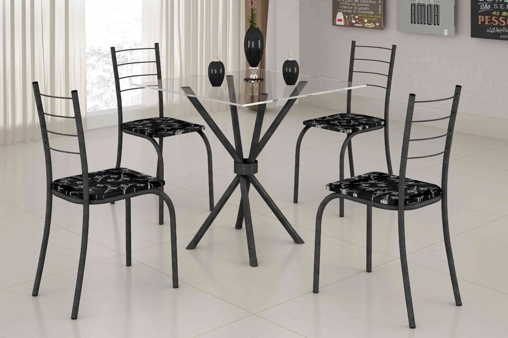 5744.27.7.7 Conjunto Mesa Rio 70×70 Martelado Tmp Vidro Quadrado com 4 Cds Martelado.Lirio Preto Teixeira